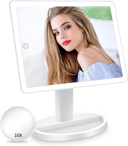 Vista 8 de Funtouch espejo grande iluminado con 35 luces LED, con sensor táctil, aumento de 10X y rotación de 360°, ideal para cosmética y maquillaje