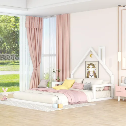 Vista 24 de P PURLOVE Base de cama de tamaño matrimonial con cabecera en forma de casa, plataforma de madera para casa, cama de tamaño matrimonial con soporte