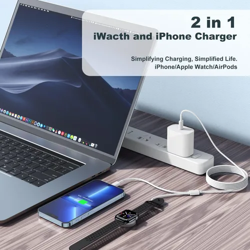 Vista 2 de Cargador USB C 2 en 1 para iPhone y iWatch, cable magnético de carga rápida para iWatch de 6 pies con bloque de carga de 20 W para Apple Watch Blanco