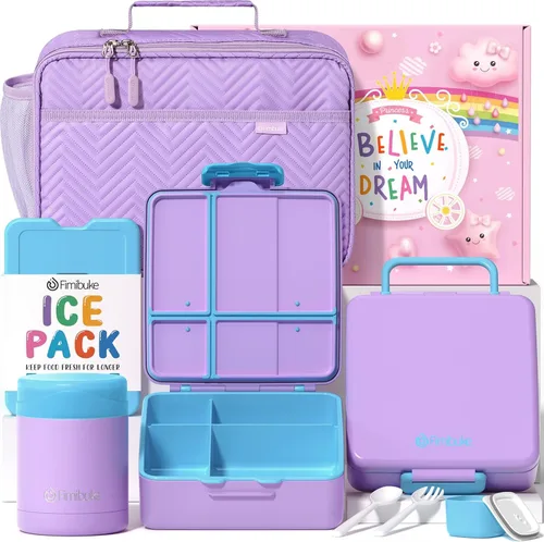 Vista 13 de Fimibuke Lonchera Bento para niños con 4 compartimentos, bolsa de almuerzo aislada, tarro térmico de acero inoxidable al vacío, paquete de hielo