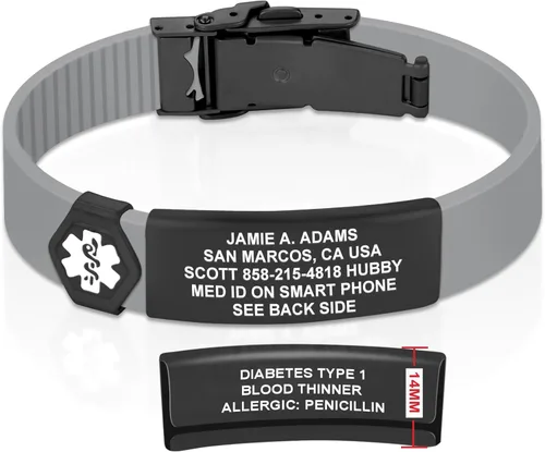 Vista 39 de Divoti Pulsera de identificación de alerta médica grabada personalizada, grabado láser de doble cara (hasta 9 líneas), pulsera de silicona ajustable