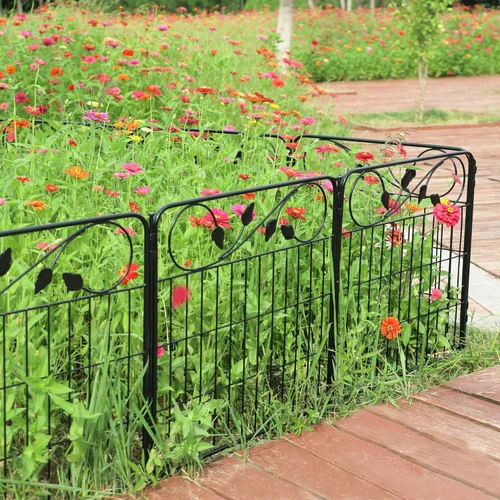 Vista 2 de FOREHOGAR Valla decorativa de metal para jardín, 24 pulgadas de alto x 10 pies de largo, 5 paneles de hojas negras a prueba de óxido, valla