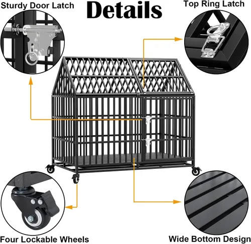 Vista 3 de Jaula indestructible para perros de 50 pulgadas, resistente y de alta ansiedad, a prueba de golpes, jaula de techo puntiaguda de metal para perros