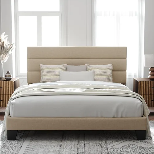 Vista 28 de Allewie Base de cama de plataforma de tamaño individual con cabecera tapizada de tela y soporte de listones de madera, base de colchón totalmente