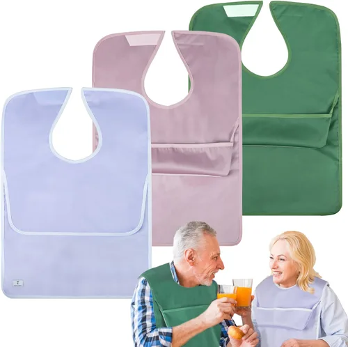 Vista 11 de Paquete de 2 baberos para adultos con recogedor de migas para hombres, baberos ajustables para comer, protectores de ropa impermeables y lavables