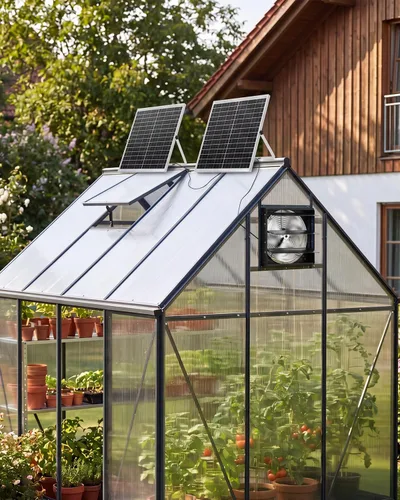 Vista 9 de Ventilador de escape solar de 14" para invernadero con batería recargable