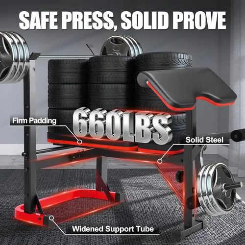 Vista 7 de OPPSDECOR Foldable Weight Bench Set with Preacher Curl Pad and Squat Rack, 660LBS Adjustable Bench Press with Leg Extension and Leg Curl, Incline