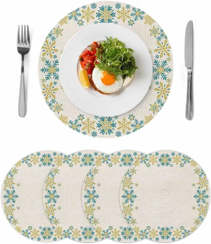 Vista 15 de Christams Round Placemats Set of 2 Snowflake Table Mats for Dining Table Decor Gold Black Round Braided Placemats Heat Resistant Washable Woven