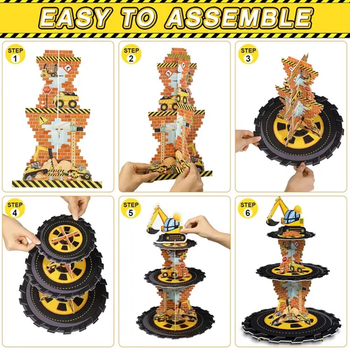 Vista 4 de Tiamon Decoraciones de cumpleaños de construcción de 3 niveles con tema de construcción, soporte para cupcakes, camión volquete de cartón, soporte