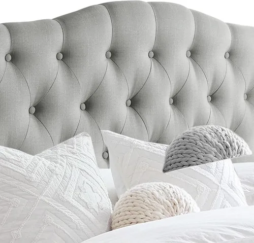 Vista 5 de Rosevera Givanna - Cabecero de altura ajustable con tapicería de lino y capitoné de botones para dormitorio, matrimonial, gris clásico