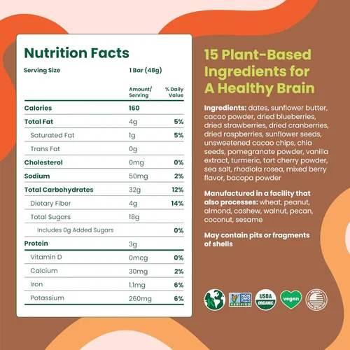 Vista 2 de iMind Barras de alimentos para el cerebro sin nueces, barras orgánicas veganas saludables para refrigerios - Barra de frutas con bacopa, luteína
