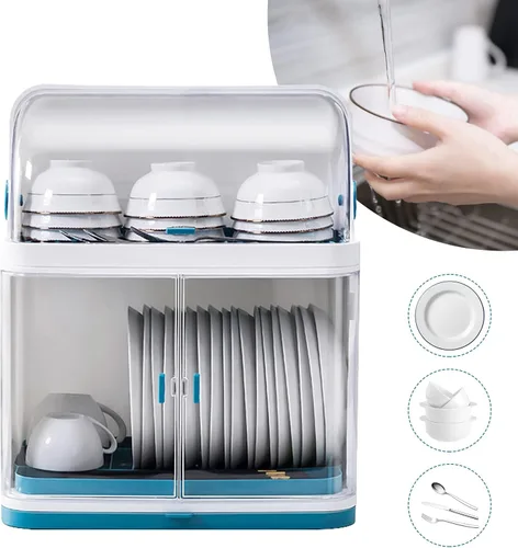 Vista 6 de Escurridor de platos con tapa, estante de secado de plástico de 2 niveles para cocina, platos y almacenamiento de platos