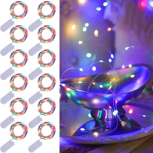 Vista 11 de WATERGLIDE Paquete de 12 luces de hadas que funcionan con pilas (incluidas), 20 miniluces LED de 7 pies, luces impermeables de alambre plateado