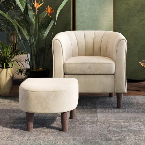 Vista 16 de LINSY Silla decorativa con otomana, moderna silla de barril pequeña, silla de lectura con reposapiés, cómoda silla con brazos redondos para sala