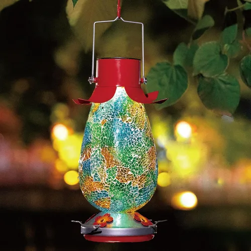 Vista 7 de Comedero solar LED para colibríes para exteriores, mosaico de vidrio multicolor, botella de néctar de colibrí colgante con 4 estaciones