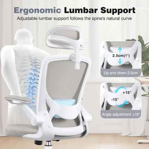 Vista 4 de Silla ergonómica de escritorio de oficina cómoda, sillas de escritorio de malla de respaldo alto con soporte lumbar ajustable, reposacabezas