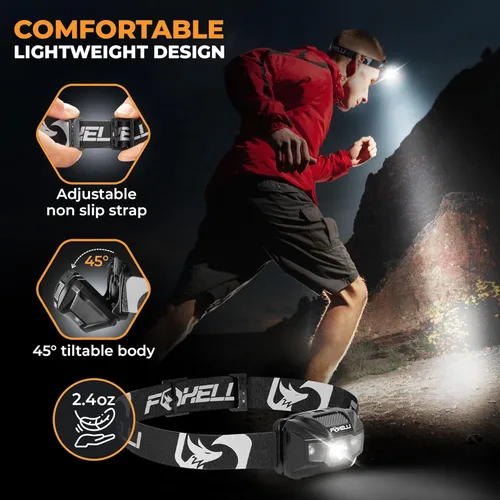 Vista 4 de Foxelli Linterna frontal LED recargable USB‑C – Ultraligero 2.4 oz y brillante 180 lúmenes – Luz roja/blanca, 5 modos, IPX5 impermeable, 40 horas