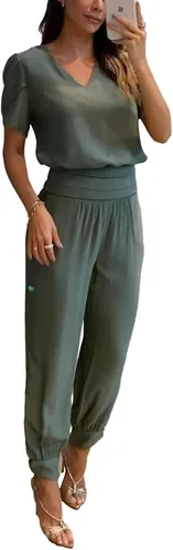 Vista 3 de Vrtige Conjunto de 2 piezas para mujer con camiseta de manga corta y pantalones rectos de cintura alta