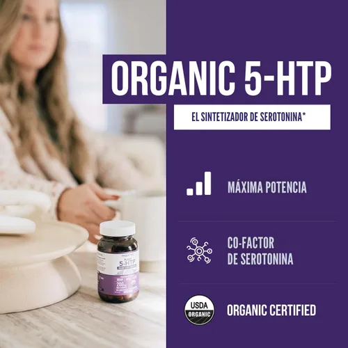 Vista 2 de 5-HTP Orgánico - 200 mg Concentración de 99% de 5HTP, más Vitamina B6 Cofactor y Lion’s Mane Extraído del Agua de Semillas de Griffonia