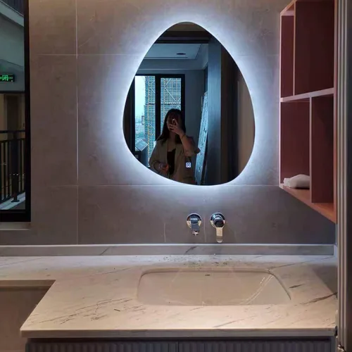Vista 2 de Espejo de pared irregular sin marco con luz LED, espejo de baño retroiluminado con LED regulable tricolor, espejo de maquillaje asimétrico con gotas