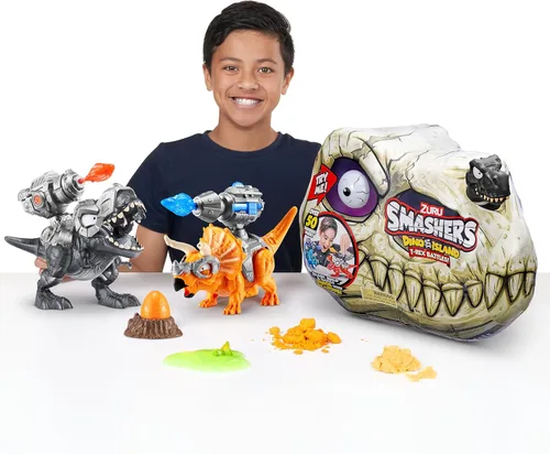 Vista 8 de ZURU SMASHERS Isla de Dinosaurios T-Rex Batallas (Versión Negra) de ZURU 50+ Sorpresas Dinosaurio Coleccionable para Niños T-Rex Triceratops Slime