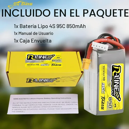 Vista 6 de Tattu Batería Lipo R-Line de 850mAh 4s 95C 14.8V con enchufe XT30