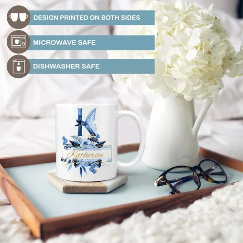 Vista 2 de Personalized Blue Floral Monogram Name Coffee Mug Beautiful Flowers Initial Custom Microwave Dishwasher Safe Cup