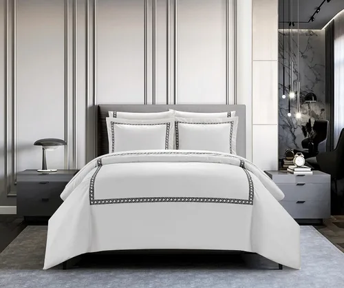Vista 6 de Chic Home Lewiston - Juego de funda de edredón de mezcla de algodón de 3 piezas, 1500 hilos, color blanco sólido con detalles de costuras bordadas