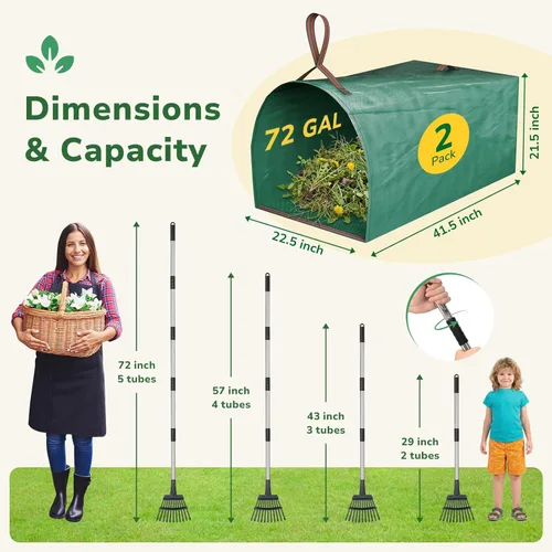 Vista 2 de GreatBuddy Combo de rastrillo y bolsas de hojas para hojas, rastrillo de jardín de metal ajustable de 29 a 72 pulgadas, 11 dientes, paquete de 2