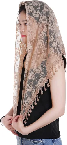 Vista 4 de Lystaii Mass Veil Triángulo Mantilla Triángulo Encaje Infinity Velos Catedral Cubierta de Cabeza Latina Iglesia Velo Capilla Bufanda