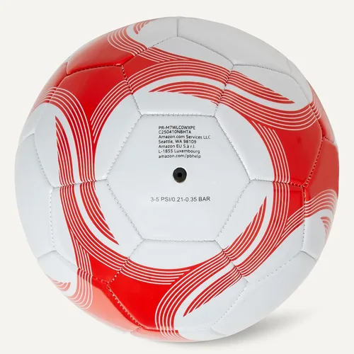 Vista 4 de Amazon Basics Durable PVC Soccer Ball with Pump for Training and Practice, Indoor Outdoor Use, White and Red