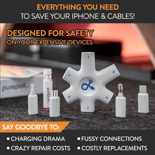 Vista 5 de pureport Kit de limpieza para teléfono Limpia y repara puertos, cables y conectores de iPhone y iPad, arregla la carga poco fiable
