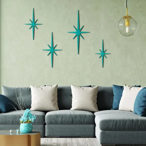 Vista 5 de Blulu 4 piezas de decoración de pared de hierro fundido con forma de explosión estelar, decoración moderna de mediados de siglo, arte de pared retro