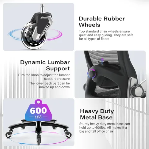 Vista 8 de Silla de oficina grande y alta, 600 libras con brazos abatibles 3D, reposacabezas ajustables, ruedas grandes resistentes, silla de escritorio