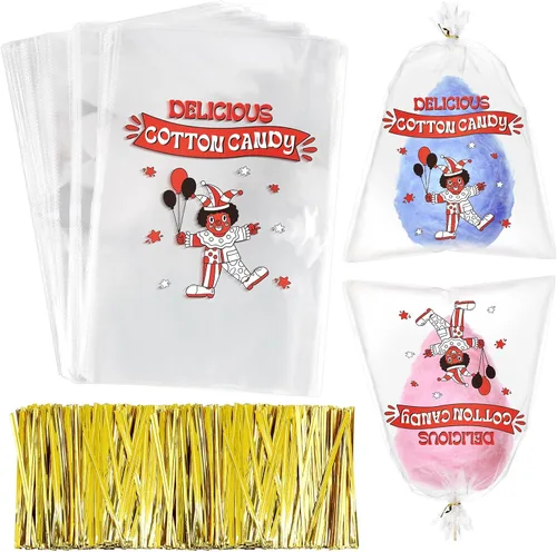 Geyee 500 bolsas de algodón de azúcar con lazos, bolsas grandes de algodón transparente con estampado, ideales para carnavales, fiestas de verano,