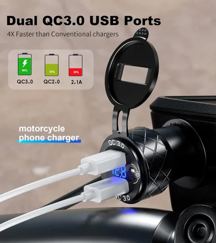 Vista 2 de Kewig Aluminio DIN Plug Cargador Motocicleta Dual Quick 3.0 Cargador USB Adaptador de corriente con pantalla LED impermeable para 12V-24V BMW Ducati