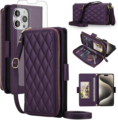 Vista 15 de Asuwish Funda compatible con iPhone 6/6s/7/8/SE 2020 2022 con cremallera y bloqueo RFID, protector de pantalla, correa cruzada i6 i7 i8 7s 8s SE2020