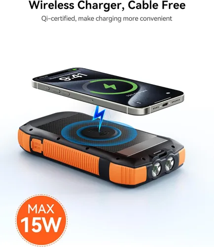 Vista 4 de Cargador solar, cargador portátil inalámbrico de 40000 mAh, QC3.0 PD de 20 W, carga rápida con entrada USB-C, batería externa con linternas duales