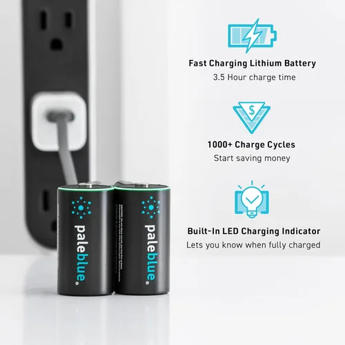 Vista 2 de Pilas C recargables con cargador USB de Pale Blue, iones de litio 1.5 V 2800 mAh, se cargan menos de 3.5 horas, más de 1000 ciclos, cable de carga