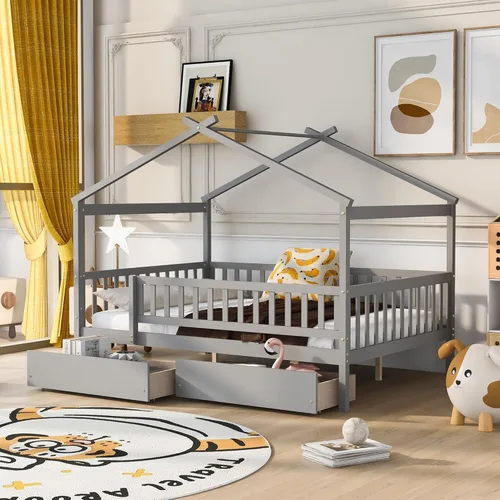 Vista 97 de Merax Cama de madera de tamaño individual con dos cajones, marco de cama de madera con techo para niños, adolescentes, niños o niñas, gris