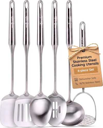 Millvado Juego de utensilios de cocina de acero inoxidable, utensilios de cocina, juego de 6 herramientas de cocina, cuchara sólida, cuchara Juego