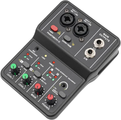 Mini interfaz de consola mezcladora de 2 canales con alimentación fantasma de 48 V, mezclador de audio profesional, estéreo de 0.138 in, conector de