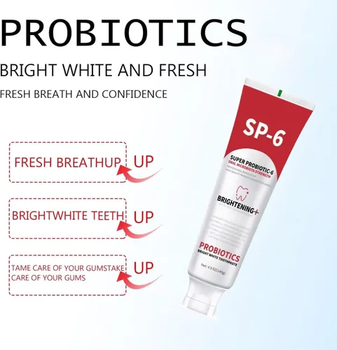 Vista 4 de SP-6 Pasta dental blanqueadora probiótica, para blanquear los dientes y la salud de las encías, fórmula mejorada con 6 probióticos, sin flúor, sabor