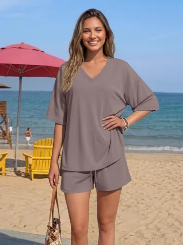 Vista 2 de Trendy Queen Conjunto corto de 2 piezas para mujer, conjuntos de descanso de verano 2026 rosa gris pardo