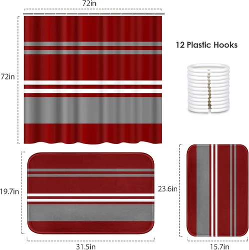 Vista 2 de ArtSocket Juego de baño rojo con cortina de ducha y alfombras y accesorios, juego de cortina de ducha gris a rayas burdeos, decoración moderna