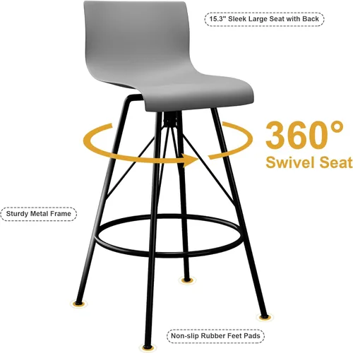 Vista 7 de Awonde Juego de 4 taburetes de bar giratorios de 26 pulgadas con respaldo, sillas de bar modernas, asiento de plástico gris, patas de metal