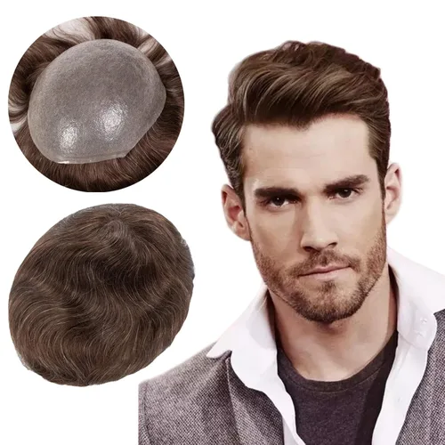 Vista 8 de Toupee para hombres 100% cabello humano real para hombre, piezas de cabello de 0.002 in con bucle en V, suave, súper delgada, con sistema de #1B30