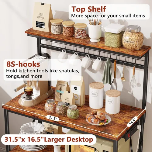 Vista 33 de Furologee Estante para hornear de cocina con toma de corriente, soporte para horno de microondas con almacenamiento de 4 niveles, mesa de café con 6