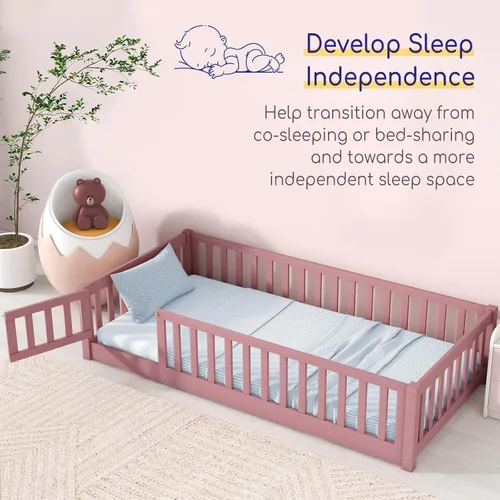 Vista 5 de Tatub Cama de suelo individual con rieles, puerta y listones, marco de cama Montessori de madera para niños y niñas, rosa