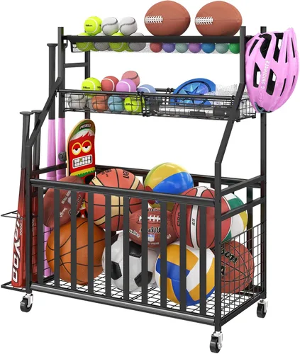 Jsskeeim - Organizador de equipo deportivo para garaje, organizador de pelotas deportivas con ruedas, bolsillo de malla, canasta, organizador de